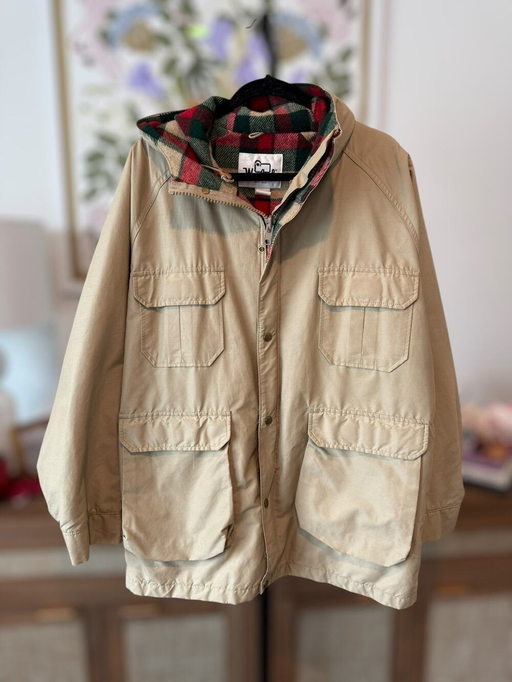Woolrich Tan Lightweight Jacket with Red & Green Plaid Liner